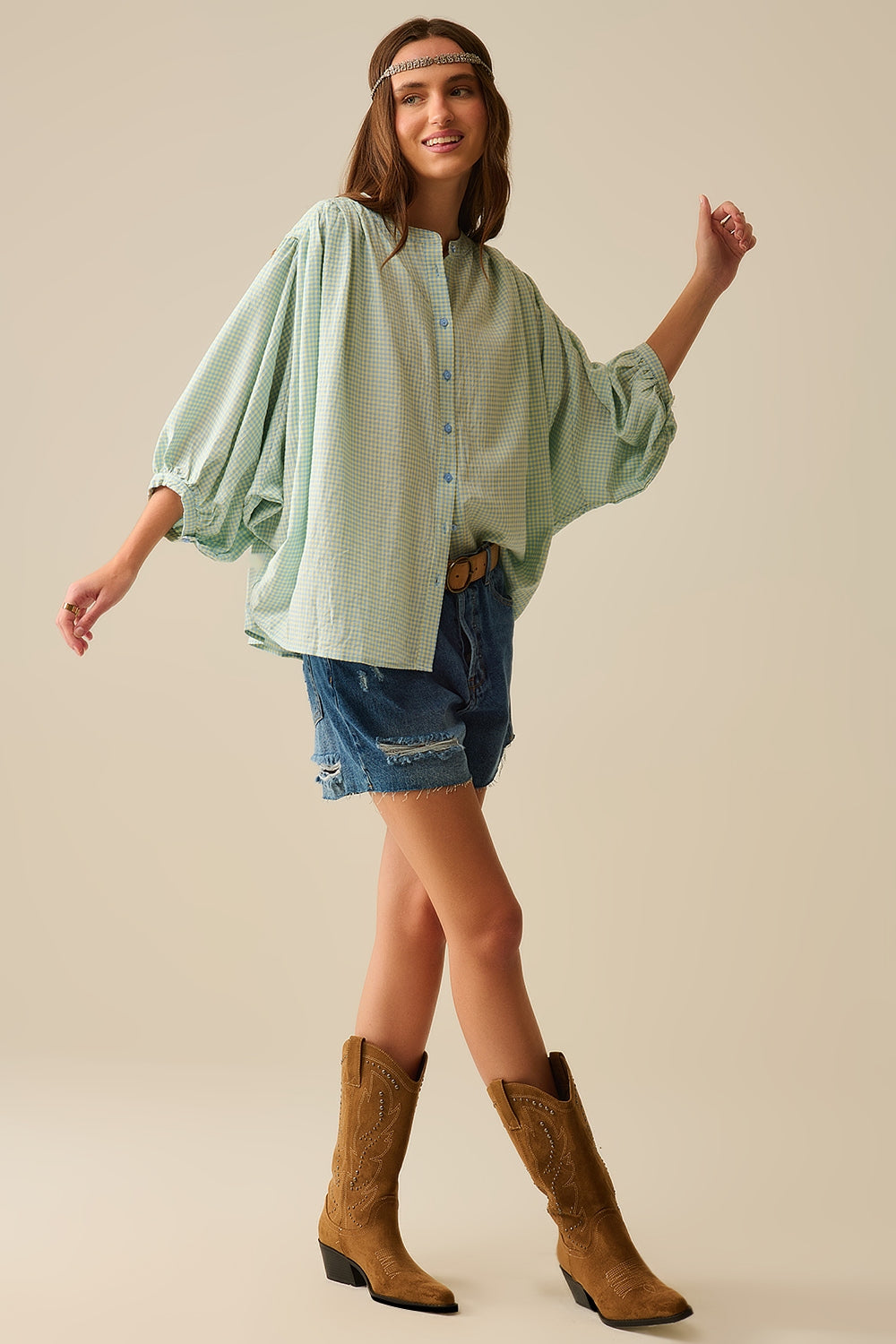 loose light blue gingham blouse - Blouses