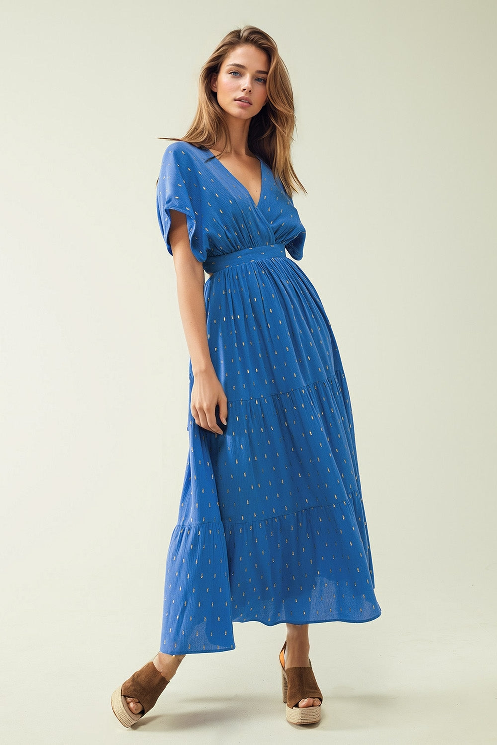 loose maxi blue dress sith golden details Q2 Dresses BoutiqueLua