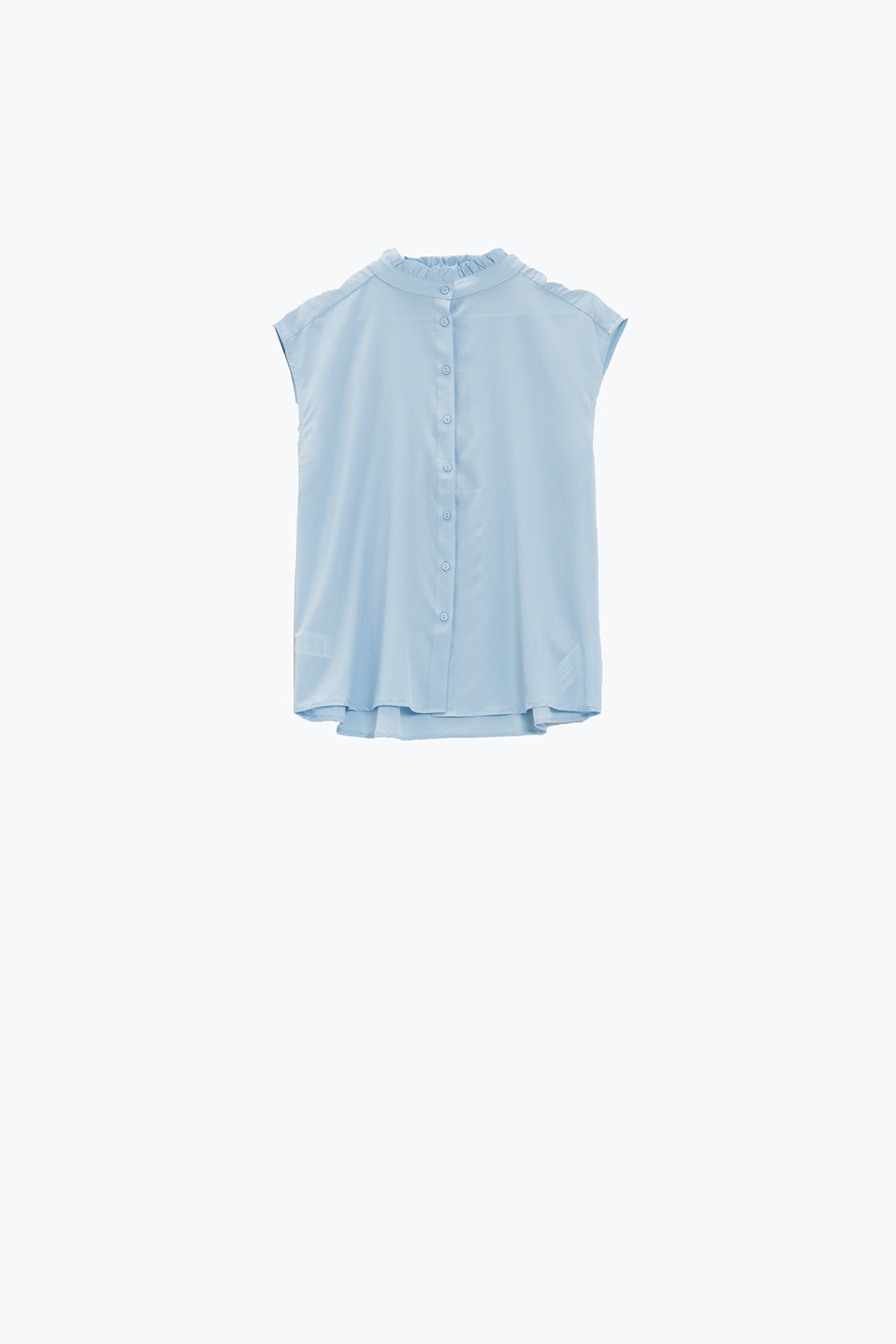 Mao Collar Sleeveless Blue Button up Blouse - Blouses