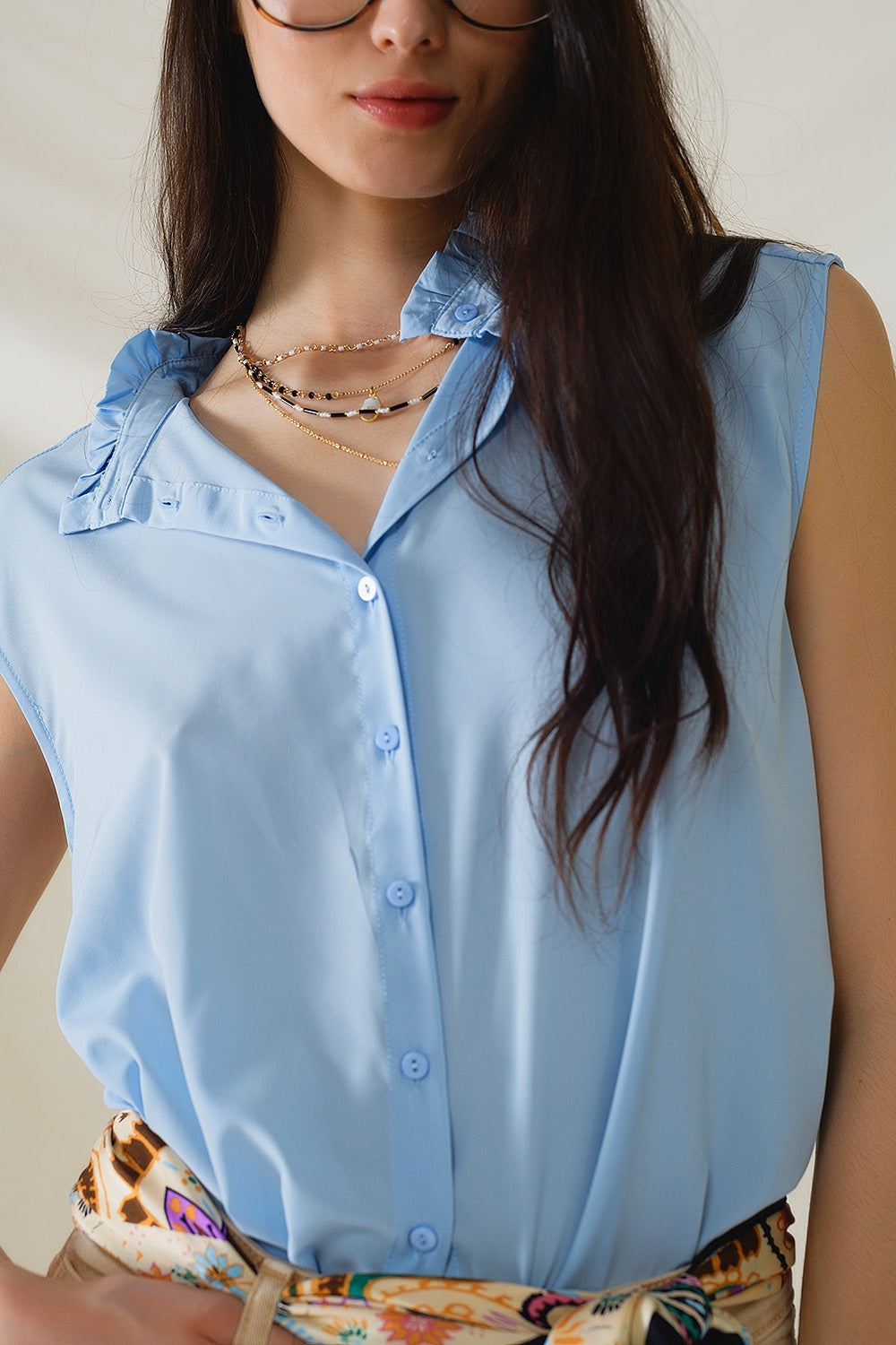 Mao Collar Sleeveless Blue Button up Blouse - Blouses