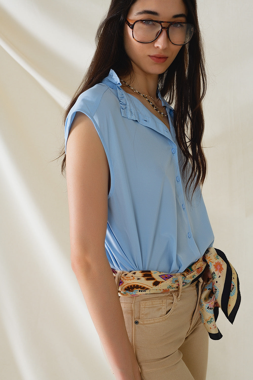 Mao Collar Sleeveless Blue Button up Blouse - Blouses