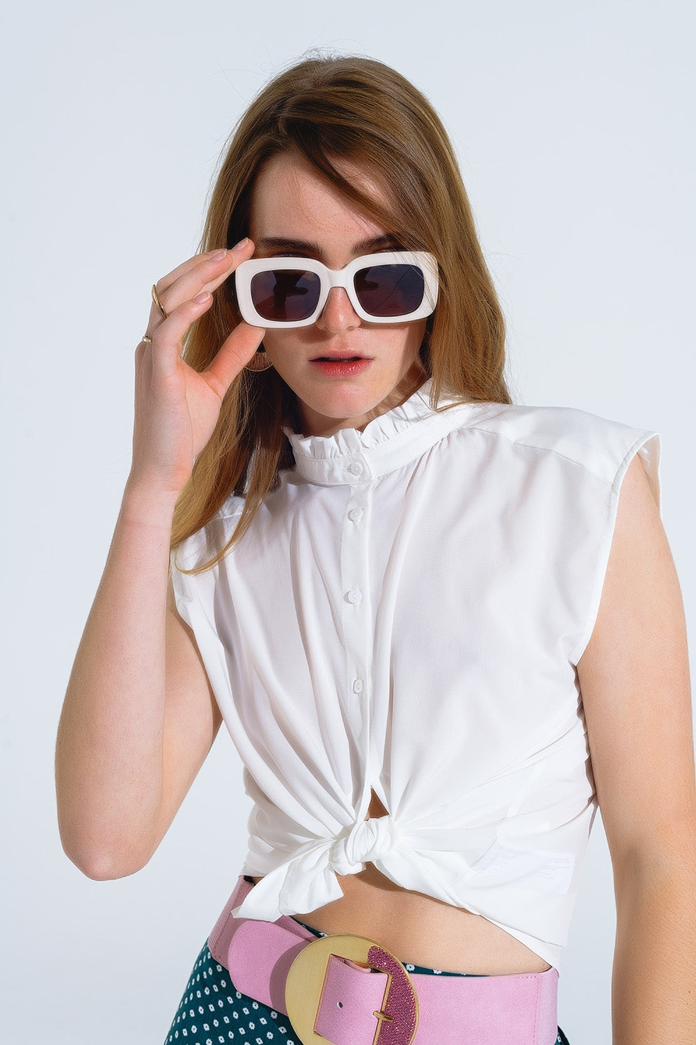Mao Collar Sleeveless White Button up Blouse Q2 Shirts BoutiqueLua