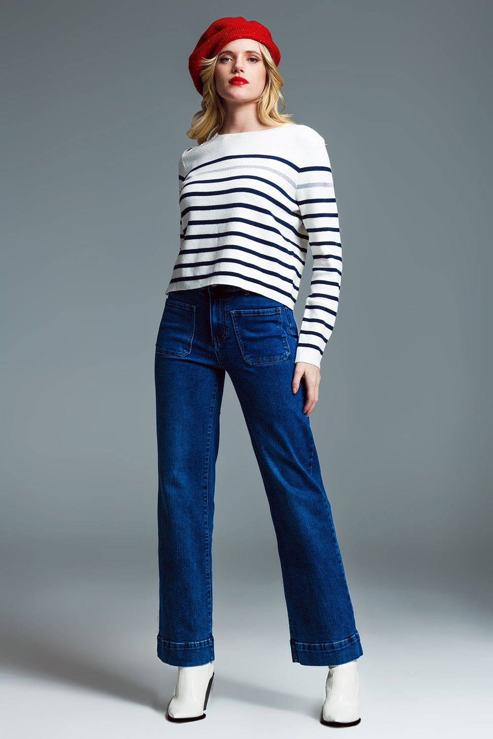 Marine Style Stripey Sweater With Button Detail At Shoulder Q2 Sweaters BoutiqueLua