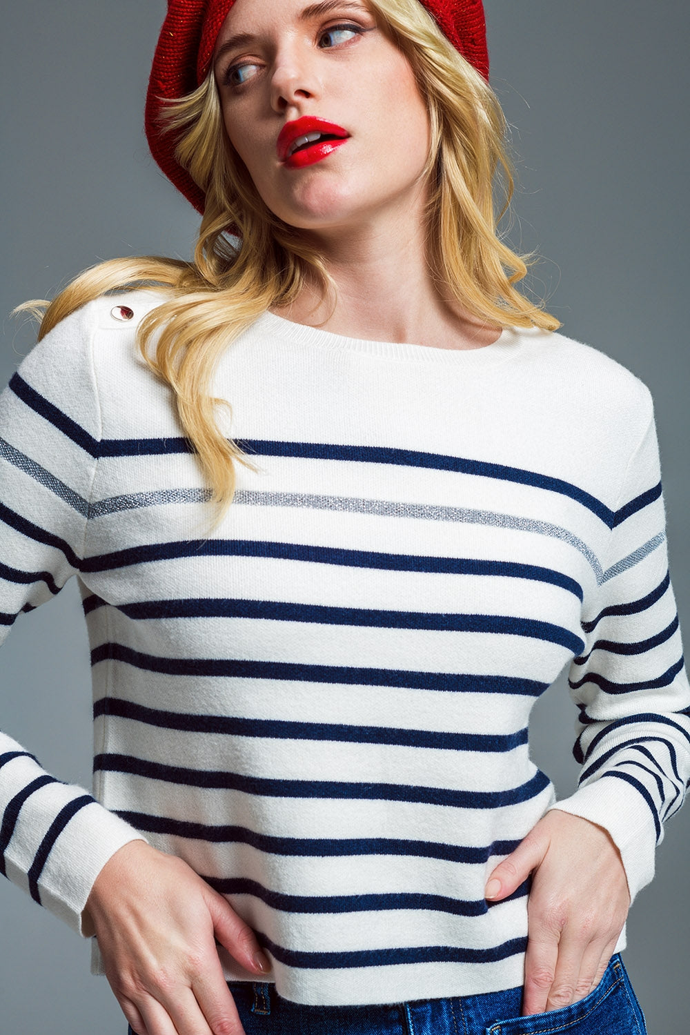 Marine Style Stripey Sweater With Button Detail At Shoulder Q2 Sweaters BoutiqueLua