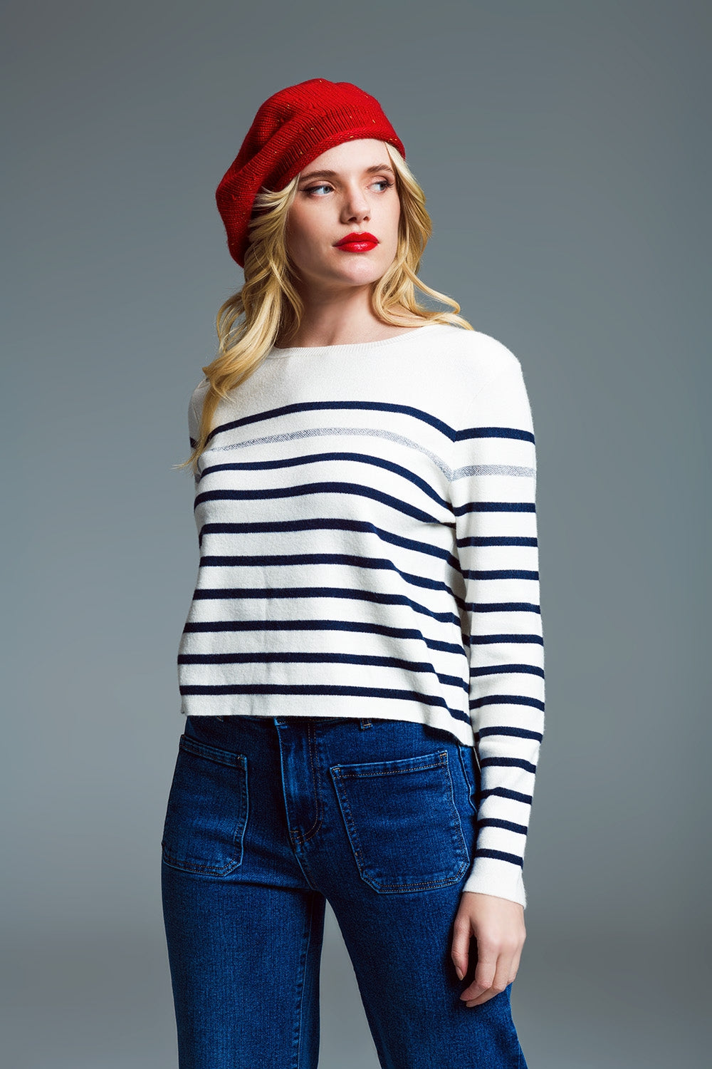 Marine Style Stripey Sweater With Button Detail At Shoulder Q2 Sweaters BoutiqueLua