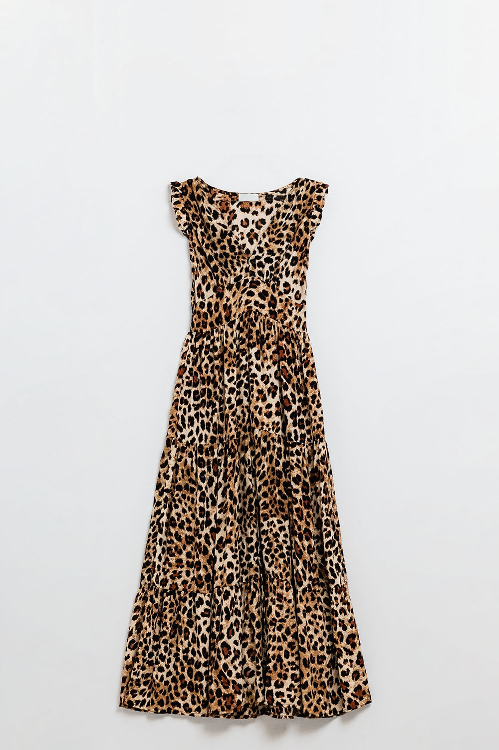 Vestido longo com estampa de leopardo e cintura franzida