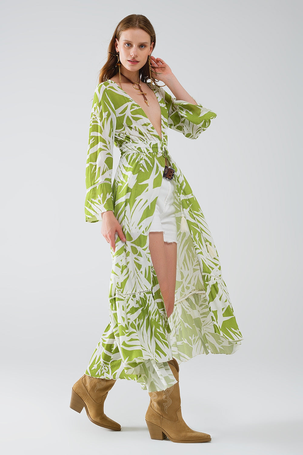 Maxi green kimono with tropical palm print - Jacket