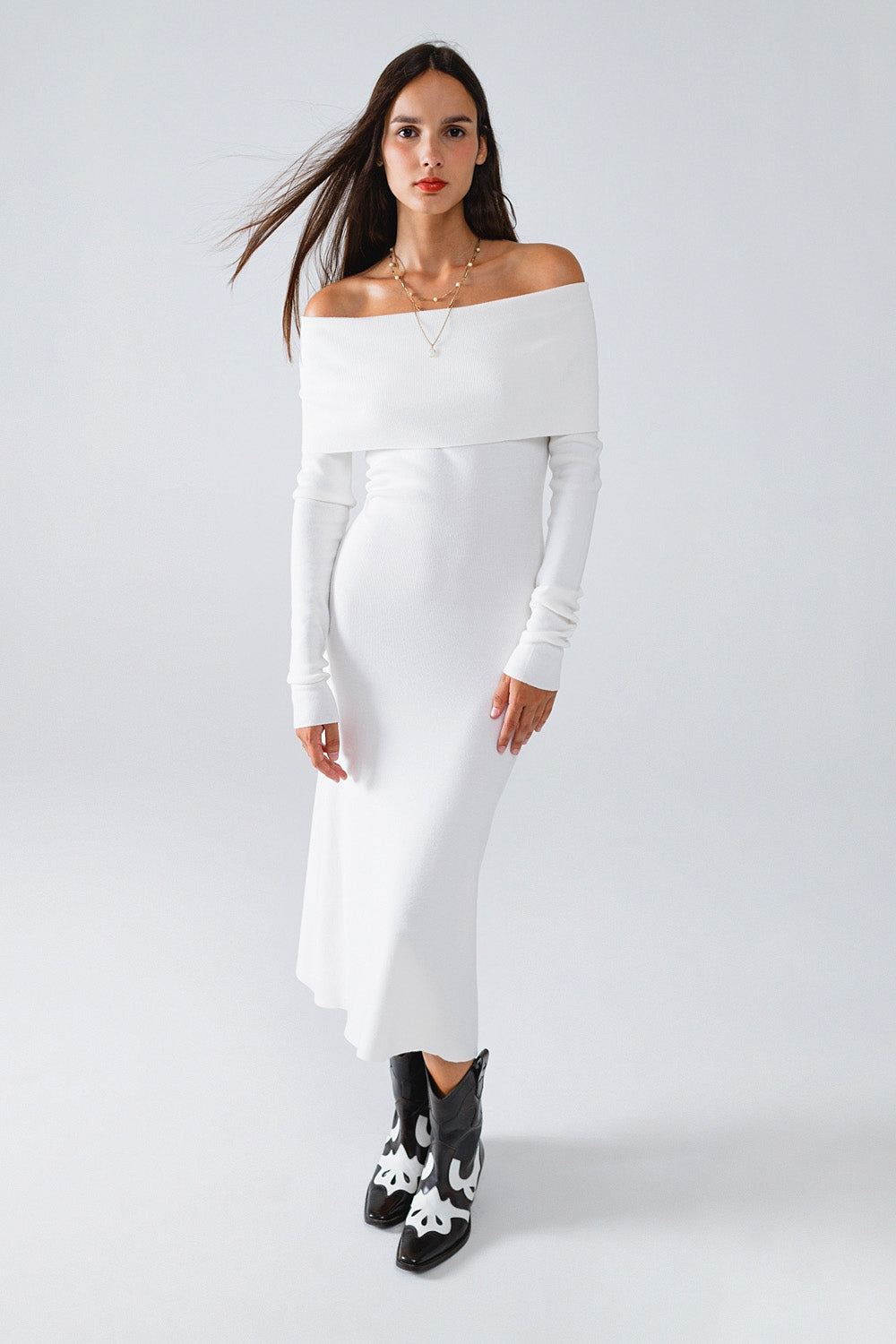 Maxi Knitted Foldover Badot Dress in white Q2 Dresses BoutiqueLua