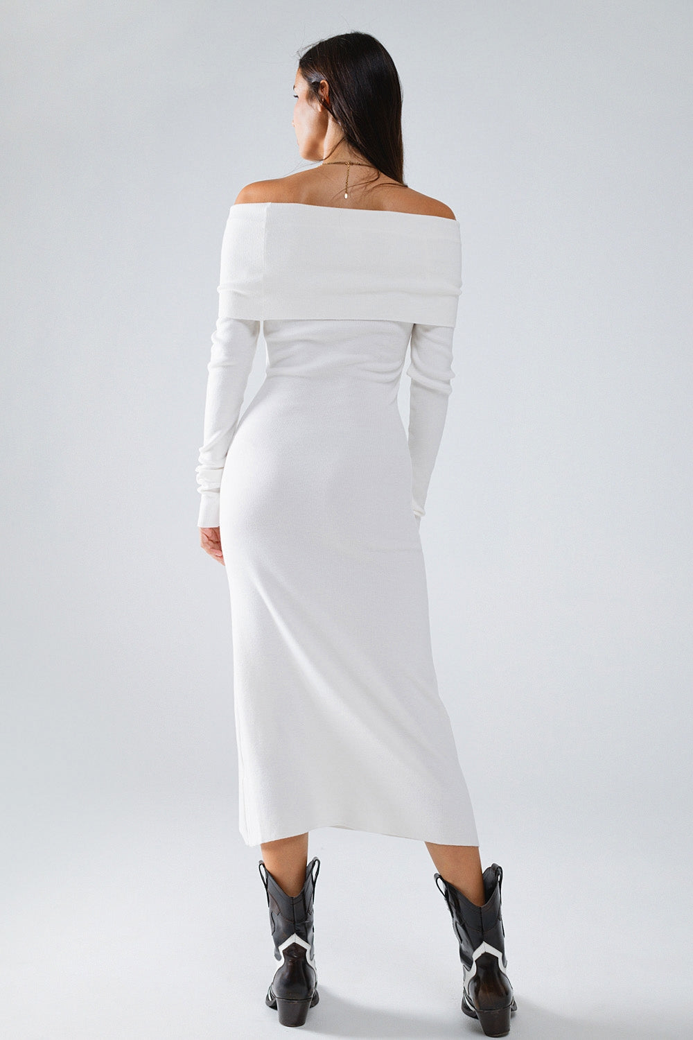 Maxi Knitted Foldover Badot Dress in white Q2 Dresses BoutiqueLua
