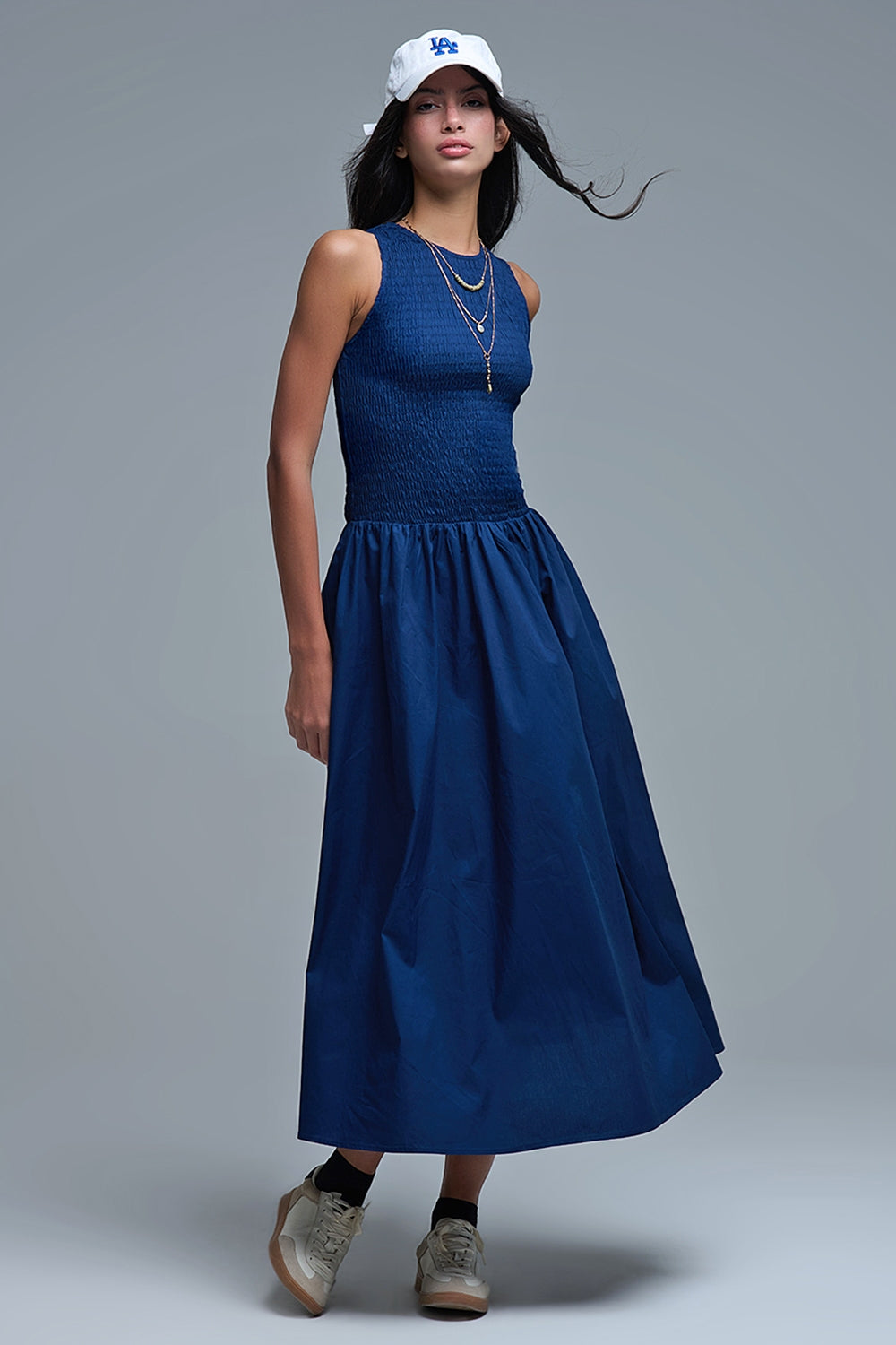 Maxi Navy Poplin Dress with smocked detail - Dresses