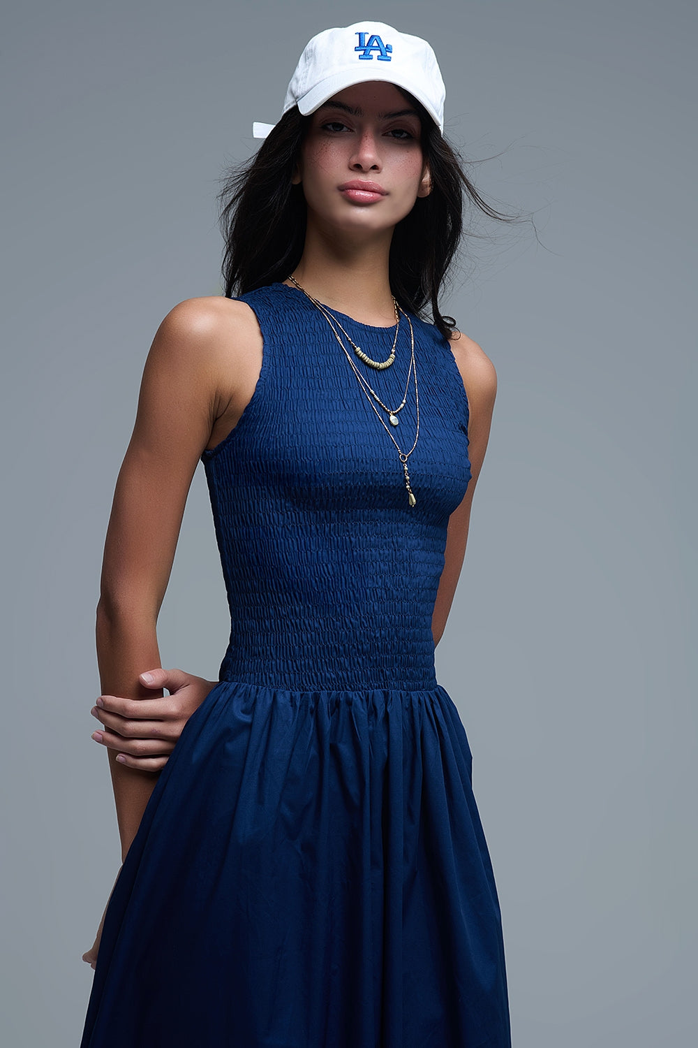 Maxi Navy Poplin Dress with smocked detail - Dresses