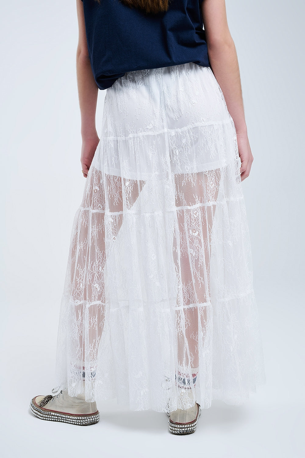maxi white lace skirt with a floral print - Skirts