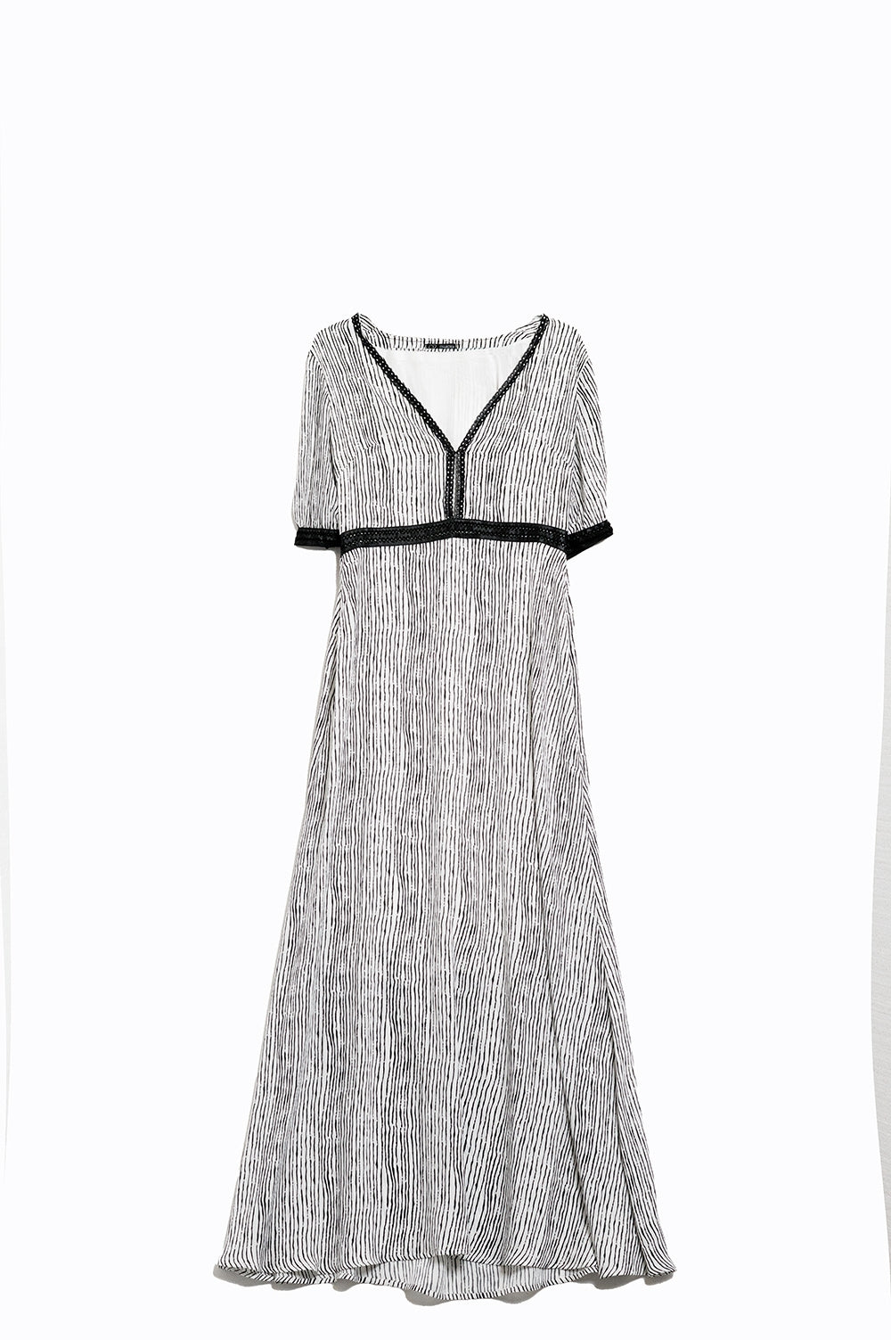 Maxi White Striped Dress with V-neck and Short Sleeves - Dresses