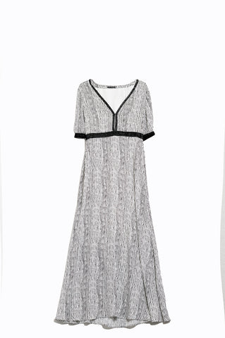 Maxi White Striped Dress with V-neck and Short Sleeves