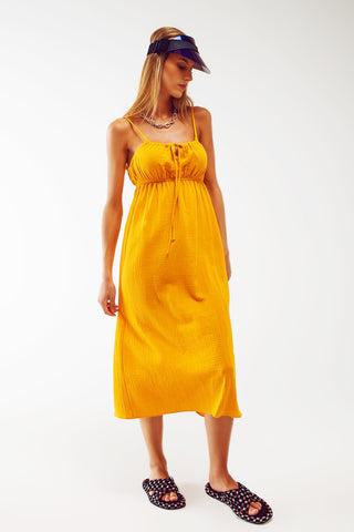 maxi yellow summer dress with straps and gathered waist