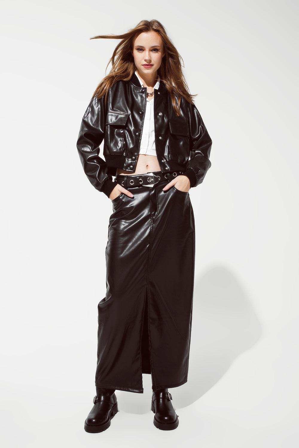 Metallic Bomber Jacket With Front Pockets in black - Jackets