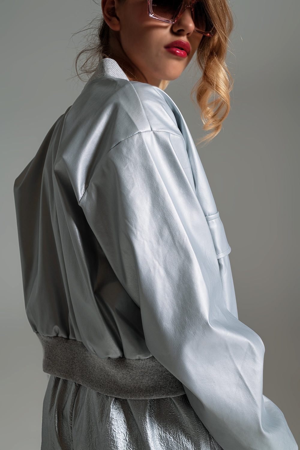 Metallic Bomber Jacket With Front Pockets in Silver Q2 Coats and Jackets BoutiqueLua