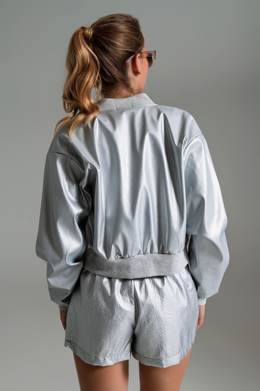 Metallic Bomber Jacket With Front Pockets in Silver Q2 Coats and Jackets BoutiqueLua