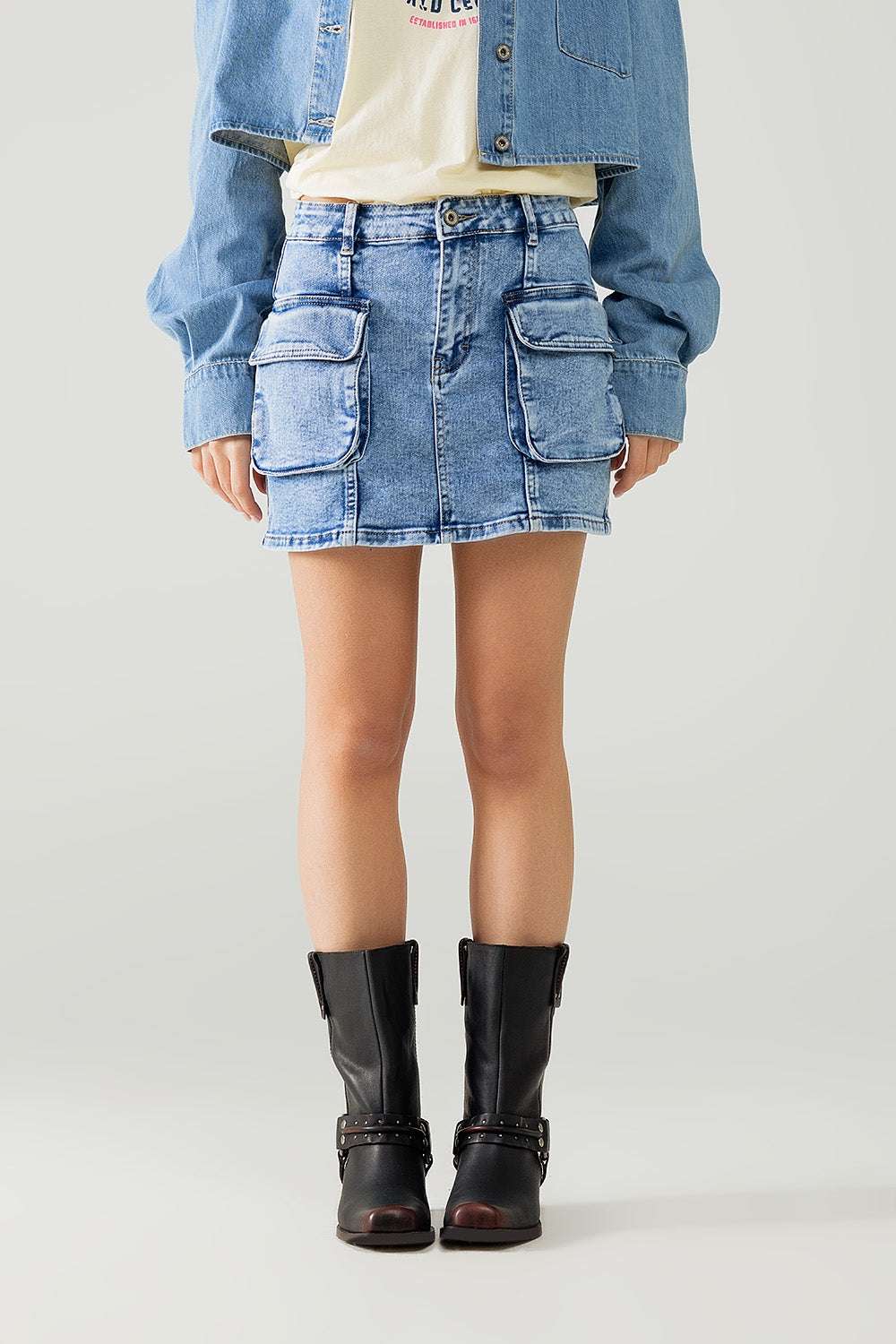 mid wash mini skirt with cargo pockets - Skirts