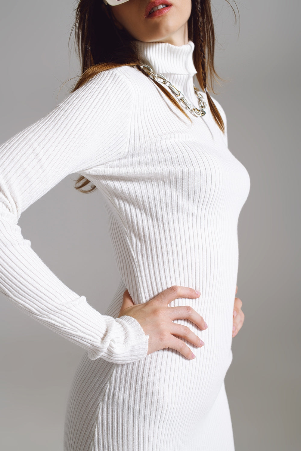 Midi Bodycon Knitted Dress With Turtle Neck in White Q2 Dresses BoutiqueLua