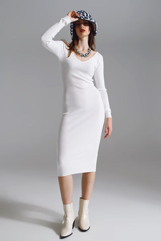 Midi bodycon knitted dress with V-neck in White