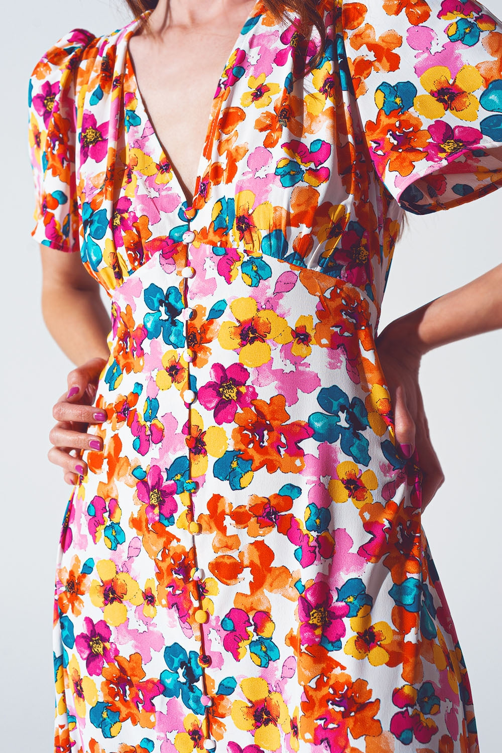 Midi Cinched In Wist Dress In Multicolot Floral Print Q2 Dresses BoutiqueLua