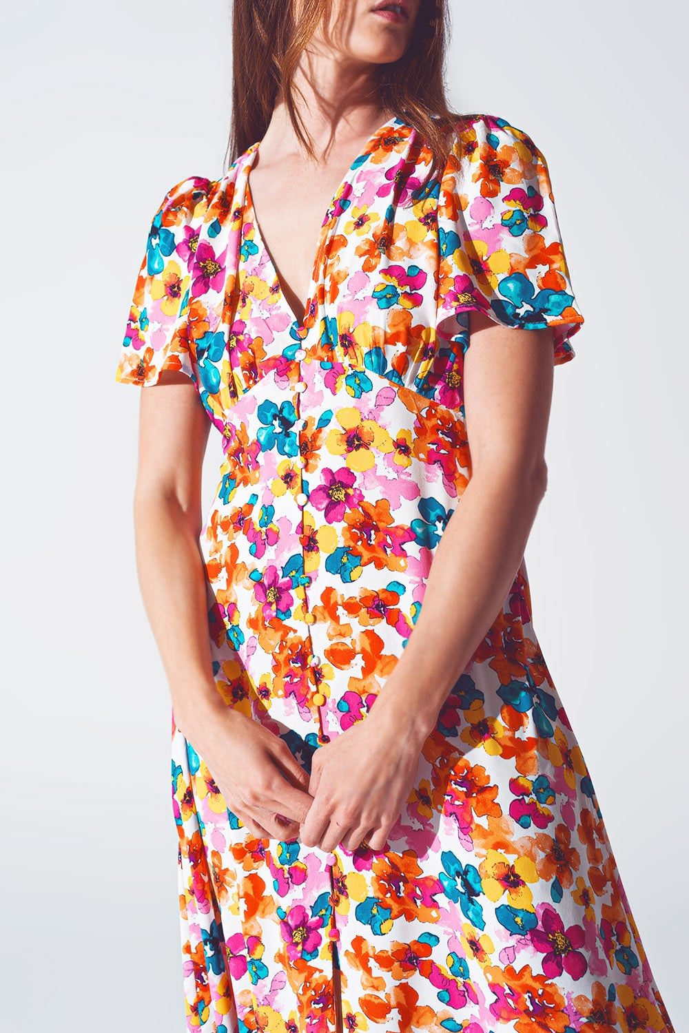 Midi Cinched In Wist Dress In Multicolot Floral Print Q2 Dresses BoutiqueLua