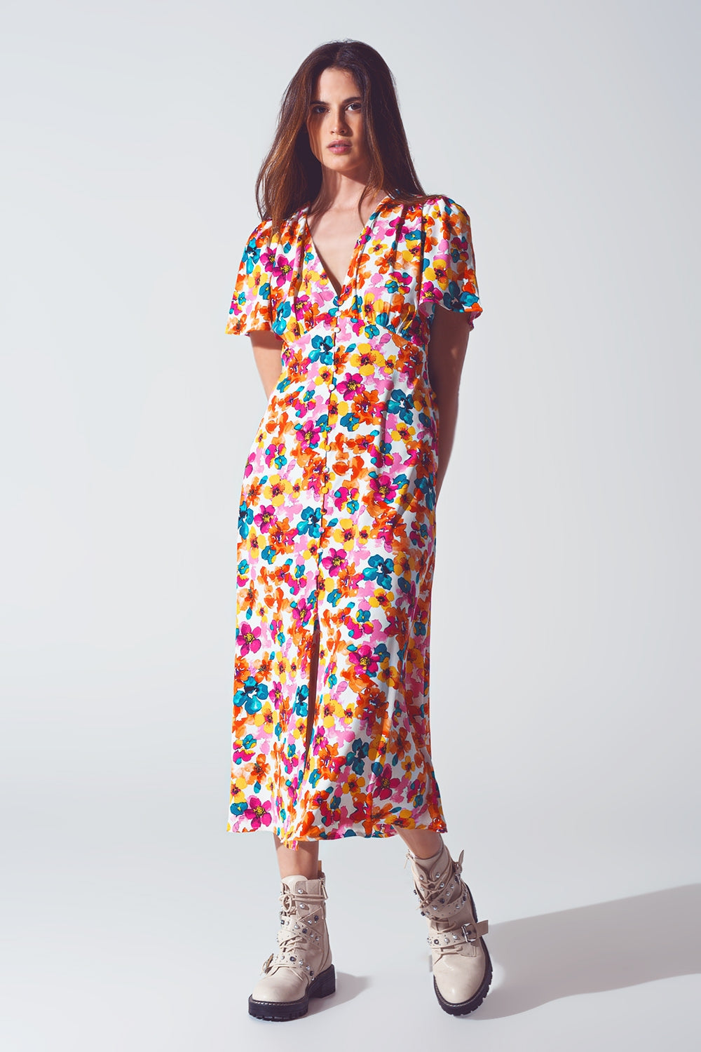 Midi Cinched In Wist Dress In Multicolot Floral Print Q2 Dresses BoutiqueLua