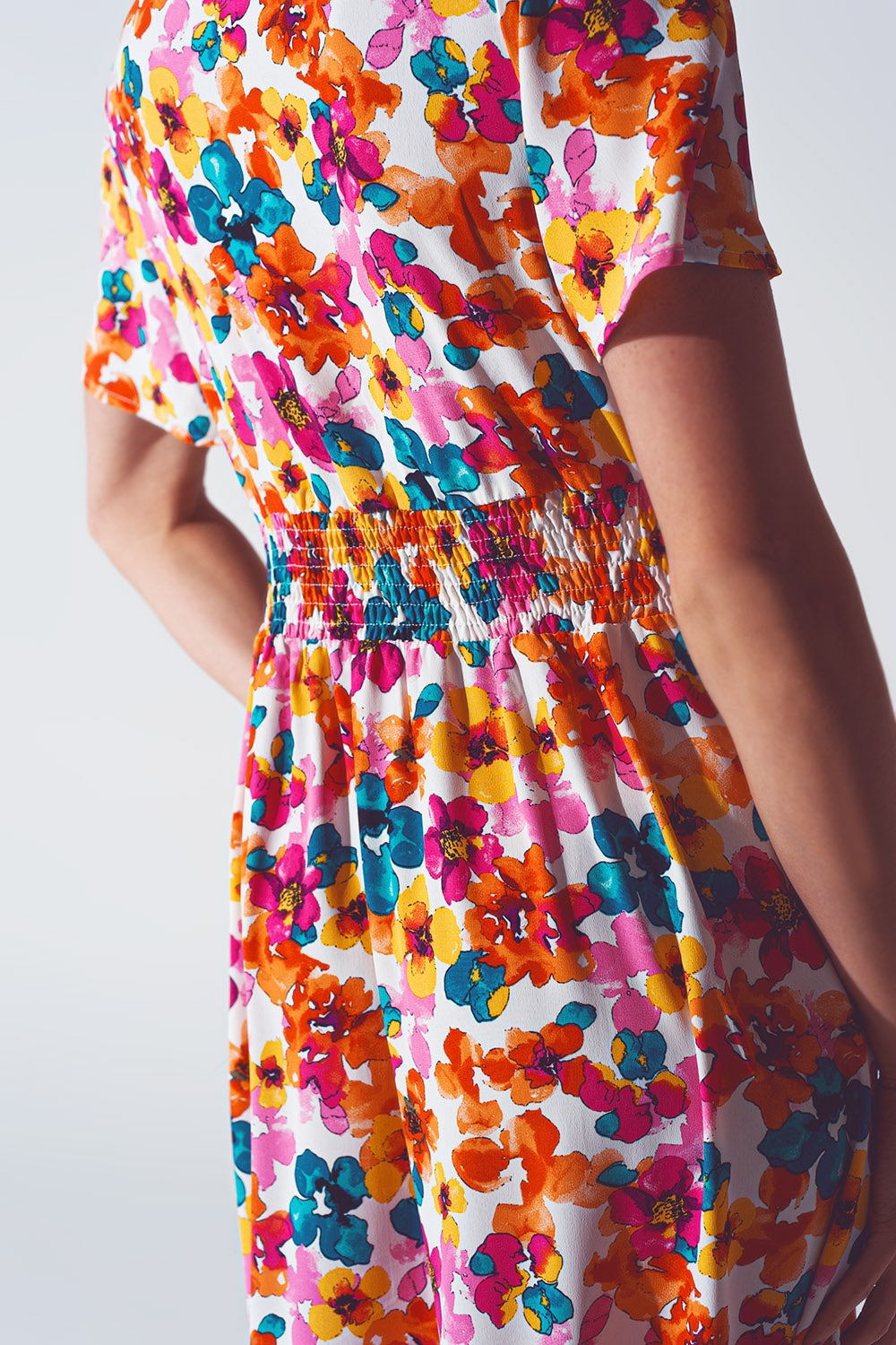 Midi Cinched In Wist Dress In Multicolot Floral Print Q2 Dresses BoutiqueLua