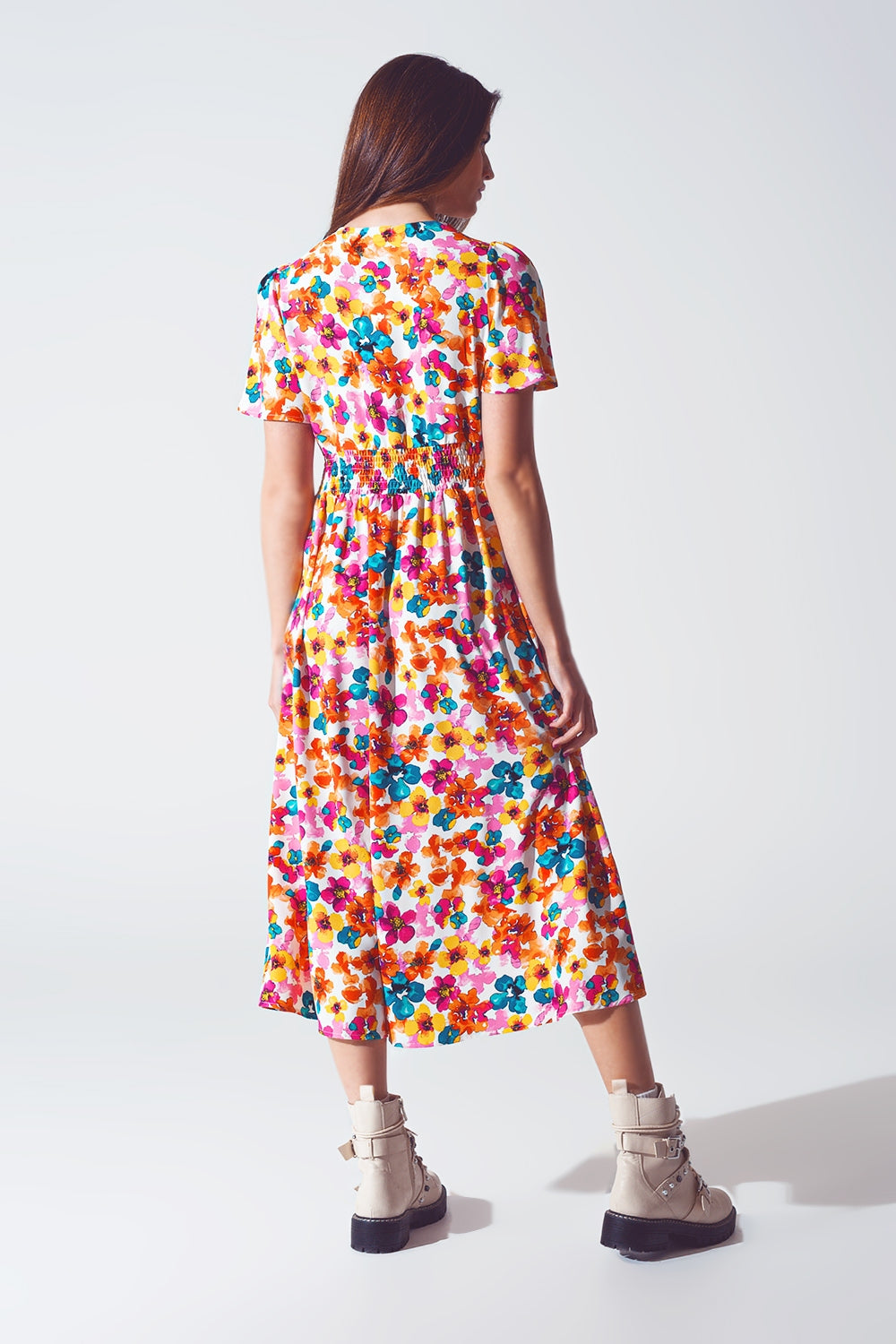 Midi Cinched In Wist Dress In Multicolot Floral Print Q2 Dresses BoutiqueLua