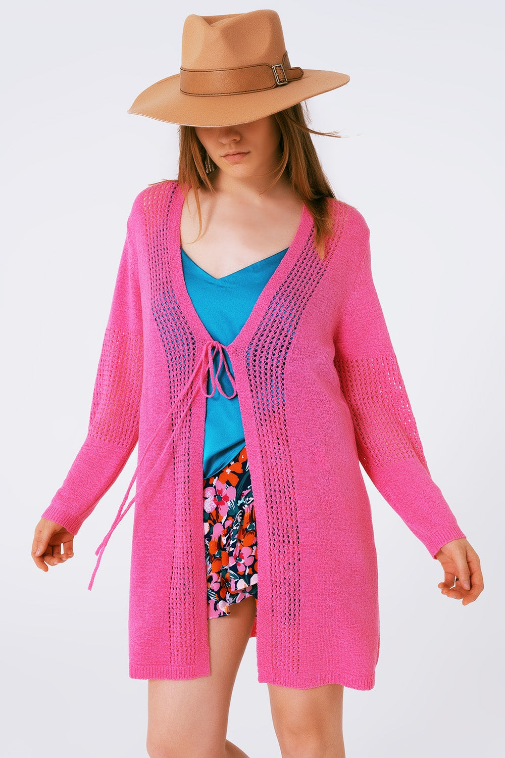 Midi Crochet Drawstring Cardigan in Pink Q2 Sweaters BoutiqueLua