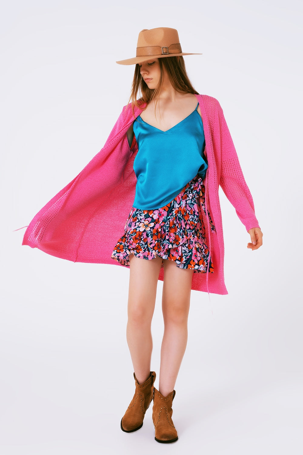 Midi Crochet Drawstring Cardigan in Pink Q2 Sweaters BoutiqueLua