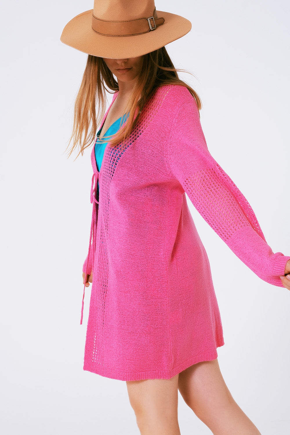 Midi Crochet Drawstring Cardigan in Pink Q2 Sweaters BoutiqueLua