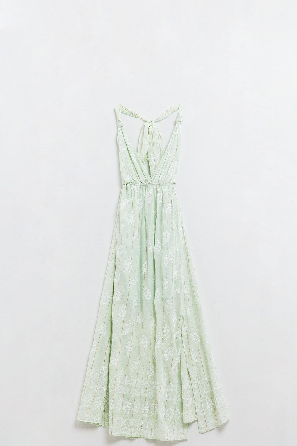 Midi Halter Dress in Mint Leaf Print With Lurex Details Q2 Dresses BoutiqueLua
