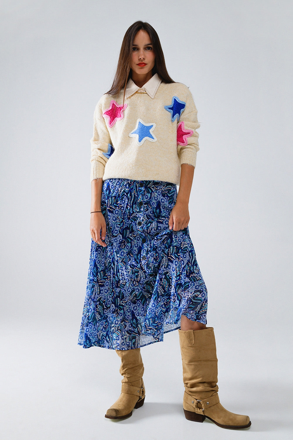 Midi Pleated Skirt In Blue Abstract Print With Button Placket - Skirts