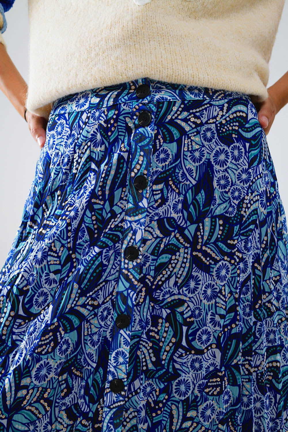 Midi Pleated Skirt In Blue Abstract Print With Button Placket - Skirts