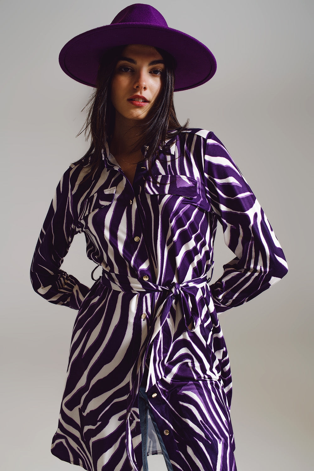 Midi short dress with zebra print in white and purple Q2 Dresses BoutiqueLua