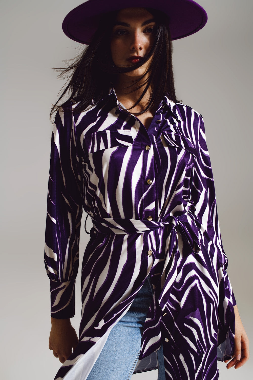 Midi short dress with zebra print in white and purple Q2 Dresses BoutiqueLua
