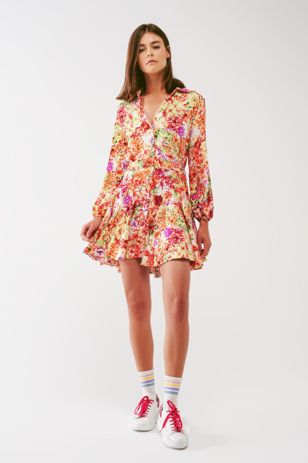 Mini Dress With Ruffles in Multicolor Floral Print - Dresses