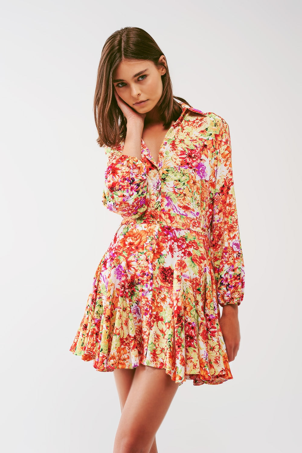 Mini Dress With Ruffles in Multicolor Floral Print - Dresses