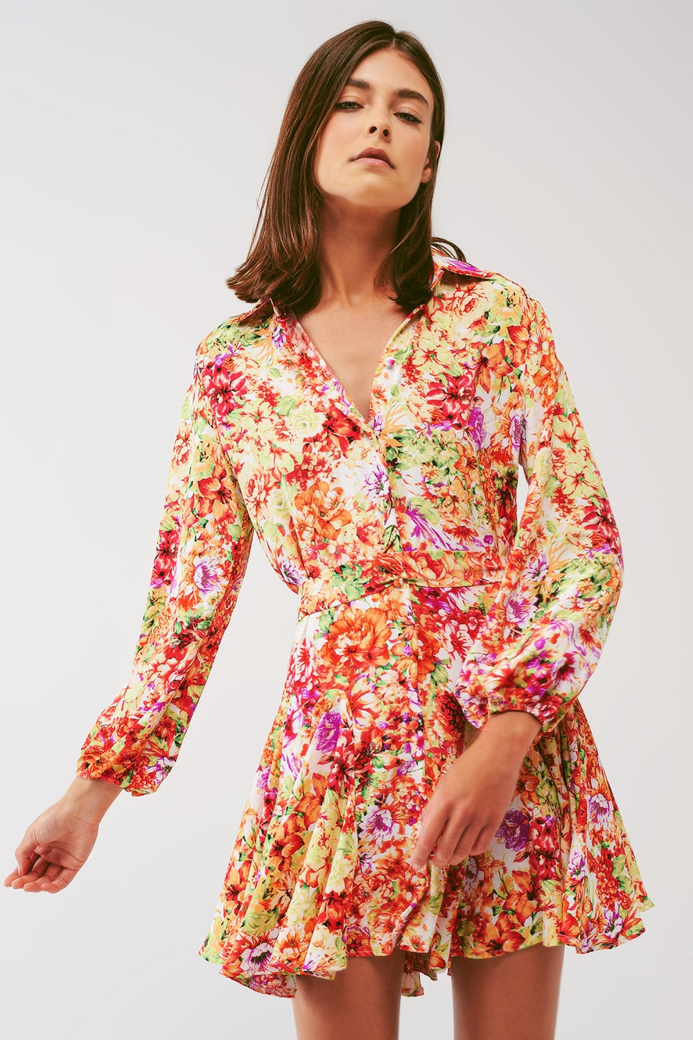 Mini Dress With Ruffles in Multicolor Floral Print - Dresses