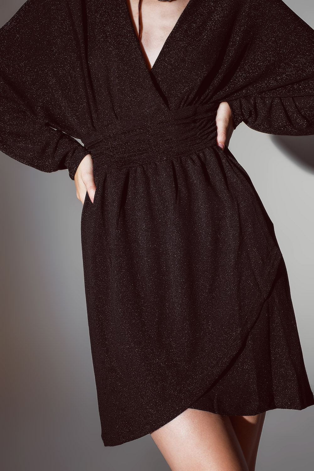 Mini-length glitter dress with deep V-neck in Black Q2 Dresses BoutiqueLua