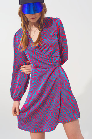 Mini V Neck Wrap Dress with Geometric Print