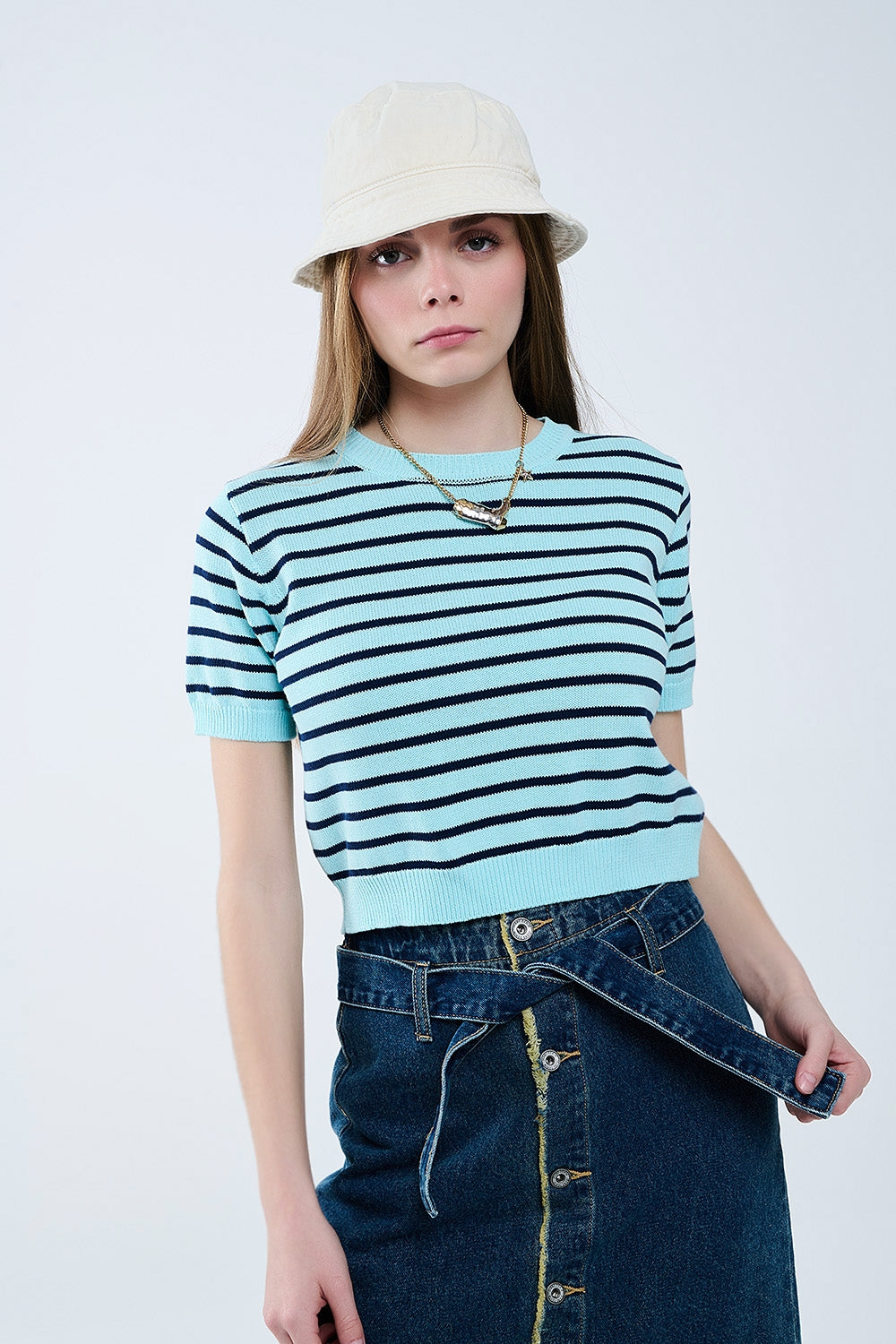 Mint Green Crop Sweater with navy Stripes - T-shirts