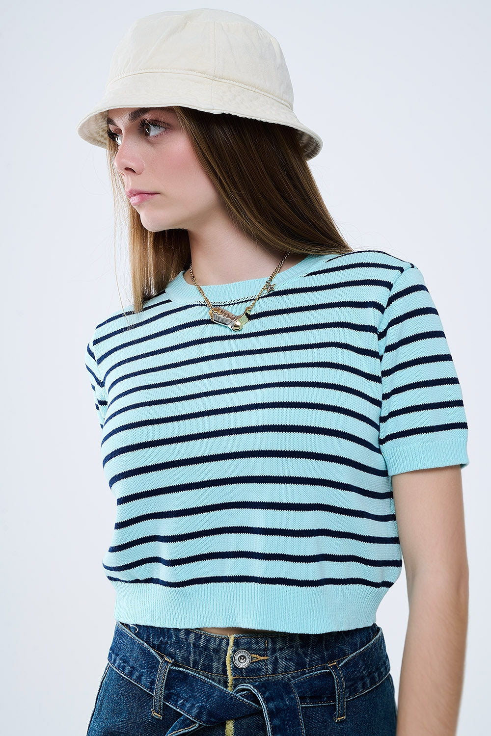 Mint Green Crop Sweater with navy Stripes - T-shirts