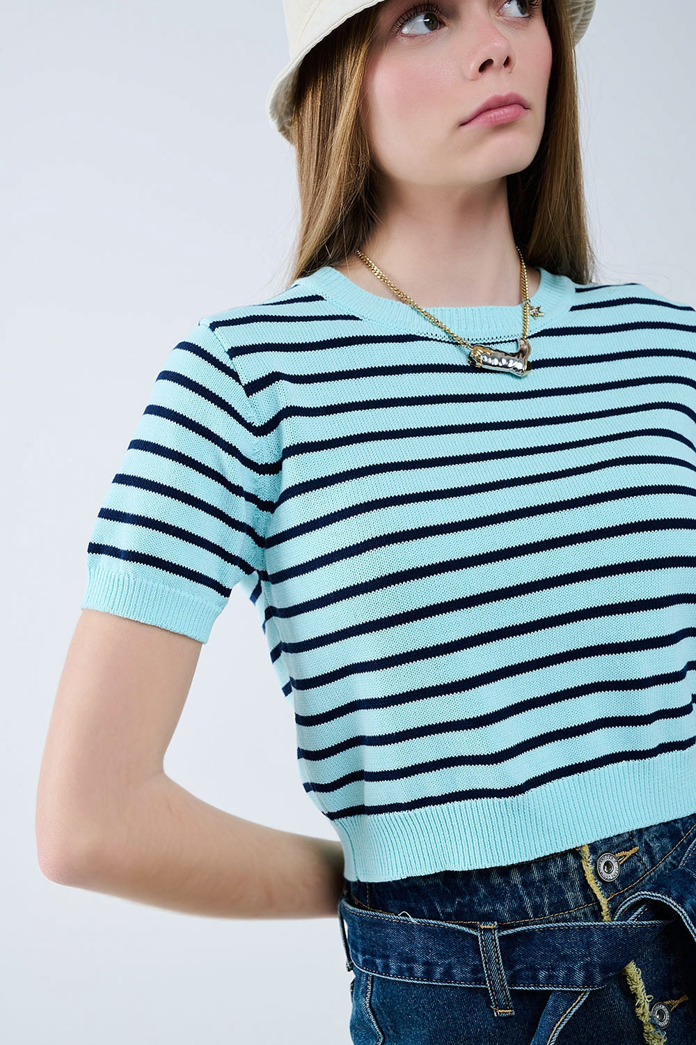 Mint Green Crop Sweater with navy Stripes - T-shirts