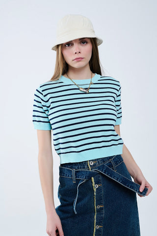 Mint Green Crop Sweater with navy Stripes