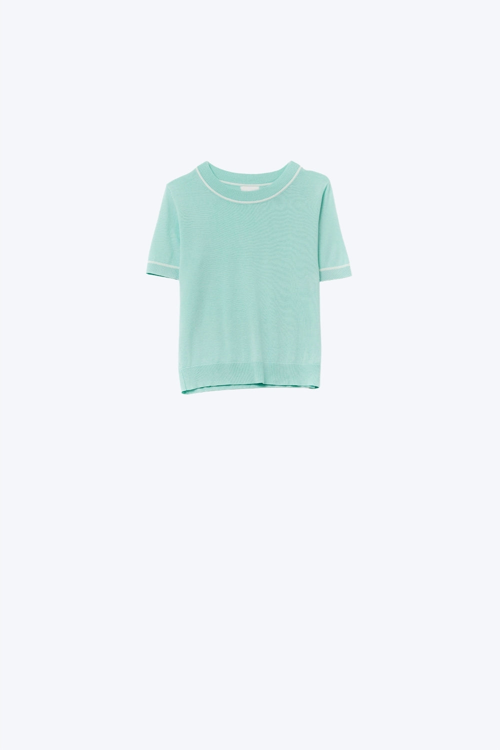 Mint Green Short Sleeve Knit Top with White Contrast Trims - Sweaters