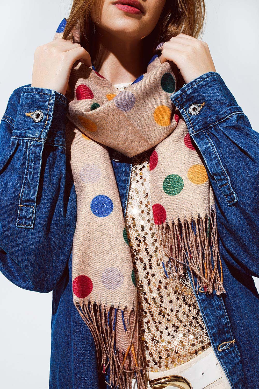 Multicolored Polka Dot soft Scarf in Beige - Necklaces