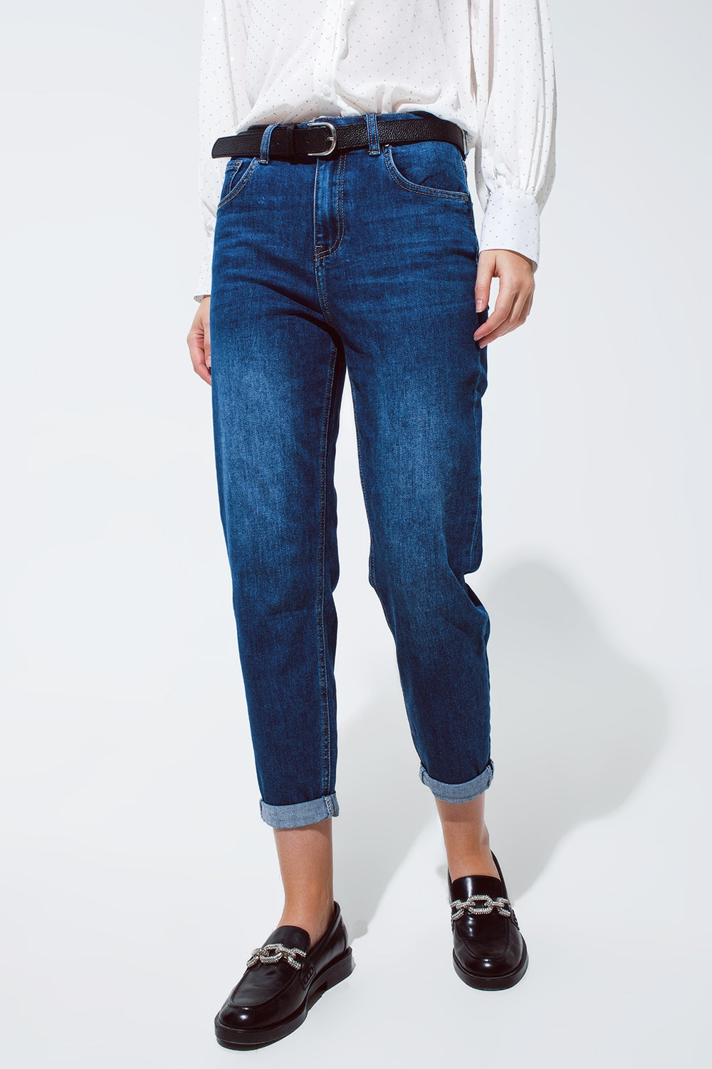 Mum Jean in Medium Wash With Folded Hem - Jeans